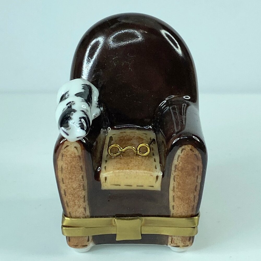 Limoges France Perching cat on sofa resting Eye-glasses trinket box A319